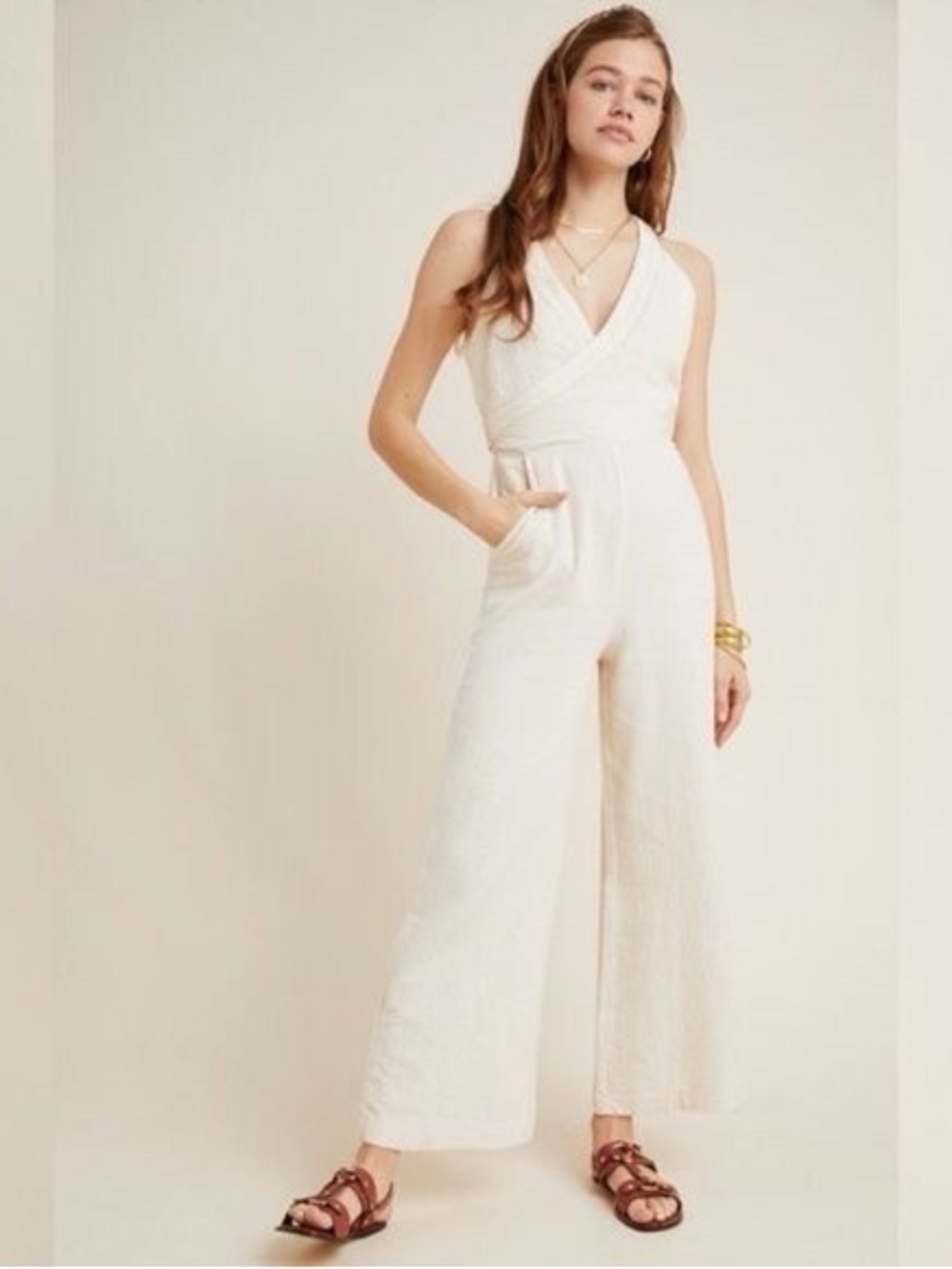 Anthropologie Cream Sleeveless Wrap Jumpsuit size 6